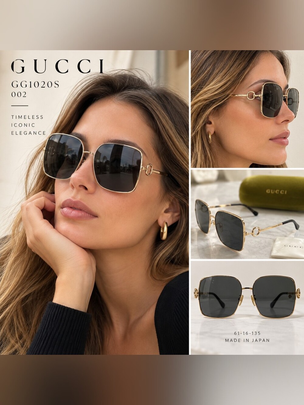 Gucci GG1020S 002 Oversized Square Sunglasses Gold Grey Made in Japan